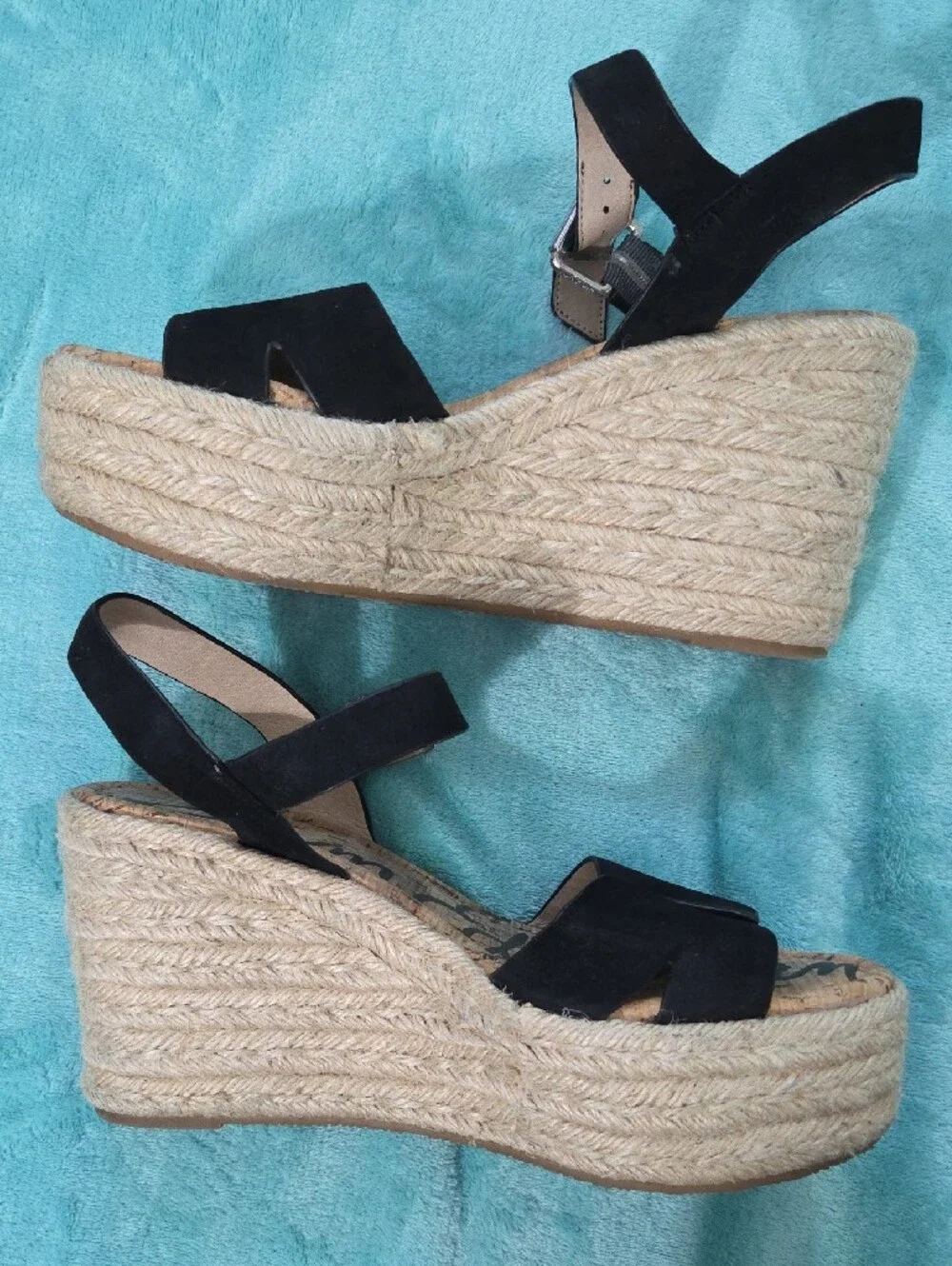 SAM EDELMAN, Black Espadrille Platform Wedge Sandals